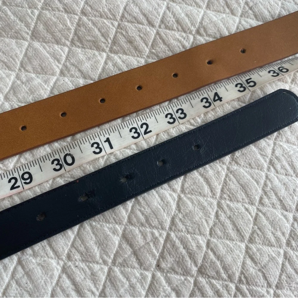 Bundle of 2 Brown Faux Leather Belts Silver & Gold Tone Buckles, 30-33” Waist